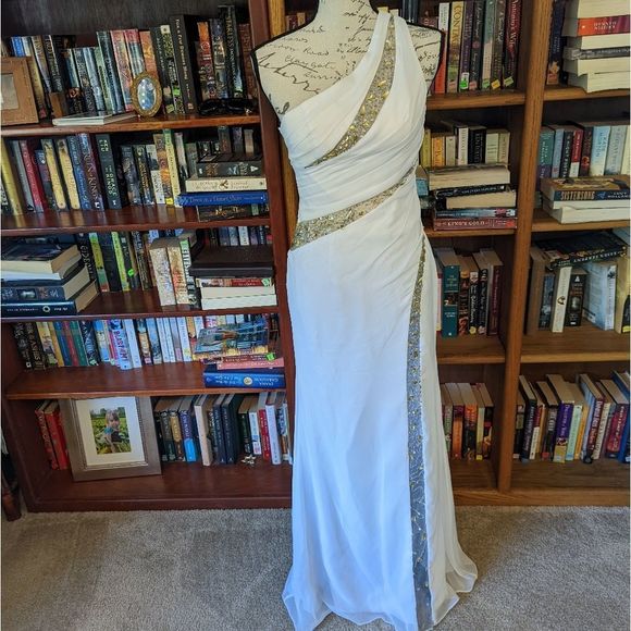 CINDERELLA divine one shoulder white chiffon dress jeweled mesh accents … - Picture 1 of 7